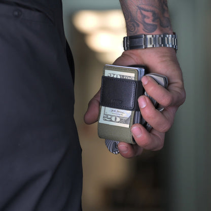 PROOF Wallet | The Operator | Olive Drab Ballistic Nylon & Black Full Grain Leather with Satin Gunmetal
