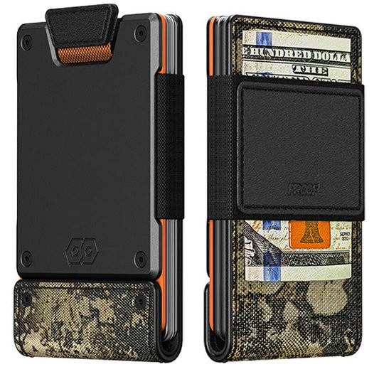 PROOF Wallet | The Survivor | Camo Ballistic Nylon & Black Full Grain Leather with Dark Gunmetal